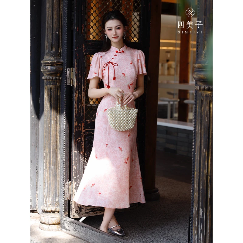 四美子【梦锦鲤】新中式简约锦鲤印花立体花朵收腰鱼尾旗袍裙连衣裙