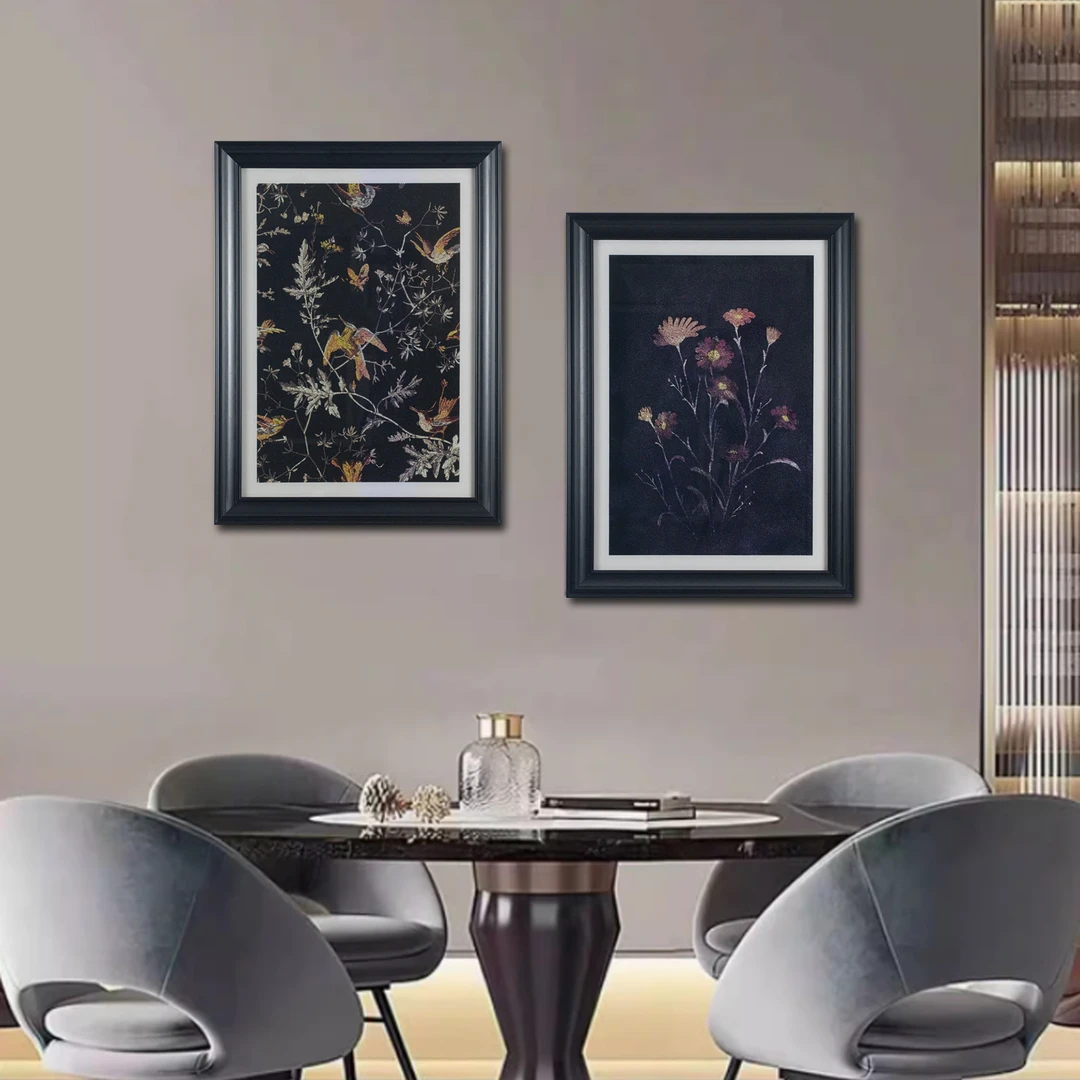 一尺缘[灵鸟栖枝]轻奢钢化玻璃二联装饰画炫彩烫银客厅沙发背景画