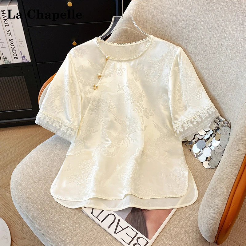 拉夏贝尔新中式T恤女短袖上衣夏季国风内搭改良宽松白色缎面上衣