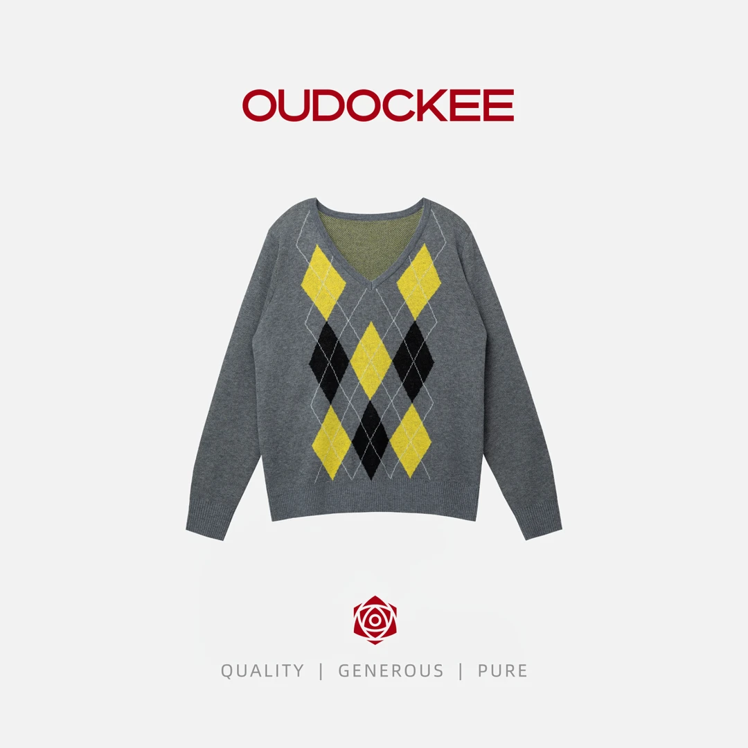 OUDOCKEE 鸥鸥 【绵羊毛】方块毛衣 V领菱格百搭时尚针织 MACAB793T