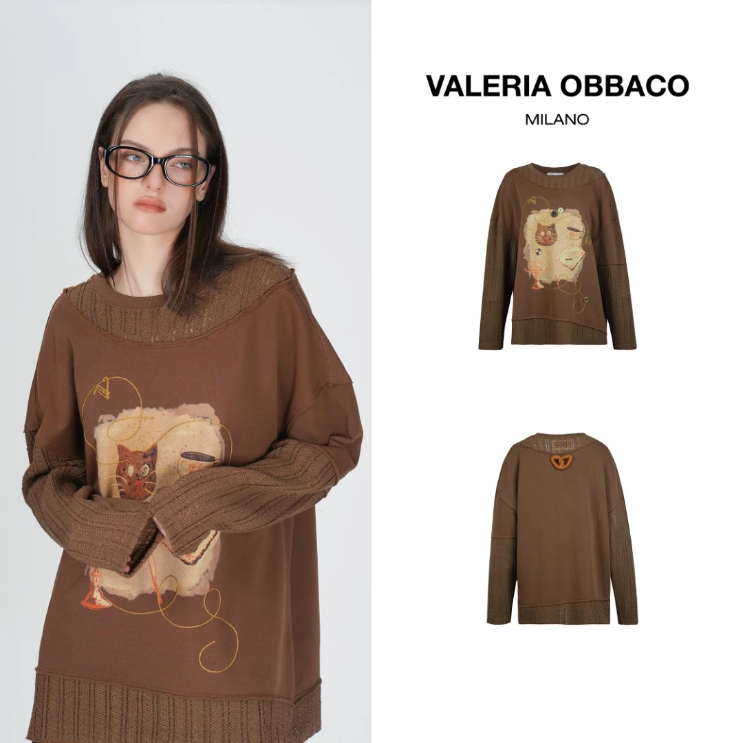 VALERIAOBBACO秋季复古宽松休闲圆领长袖卫衣VO棕色猫咪涂鸦卫衣