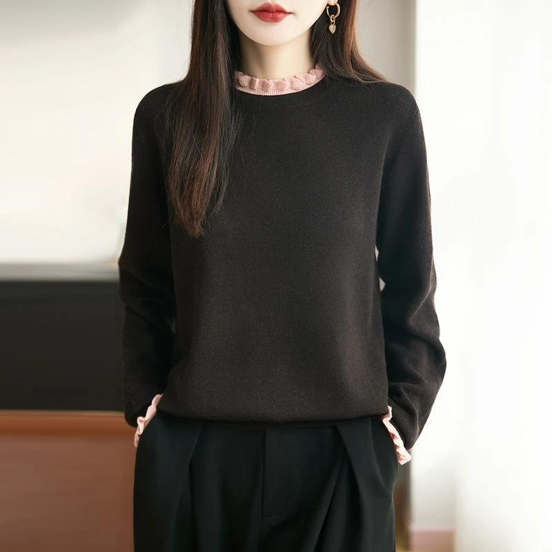 正品撤柜剪标羊毛衫木耳边撞色针织衫秋冬新款秋冬撞色针织打底衫