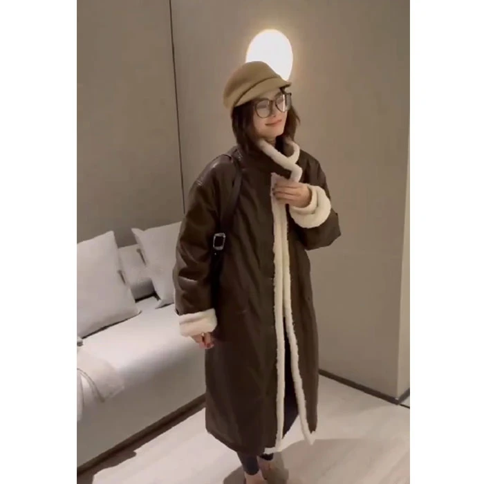 ZX6048宽松显瘦翻领长袖皮毛一体外套女2024冬季新款加厚保暖大衣