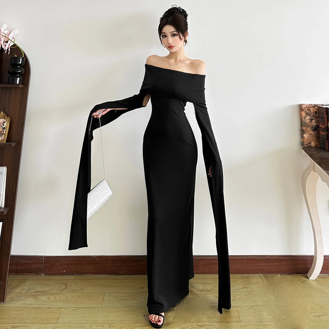 Malou静奢风轻熟御姐一字肩飘带性感显瘦多穿法连衣裙女K25D76906