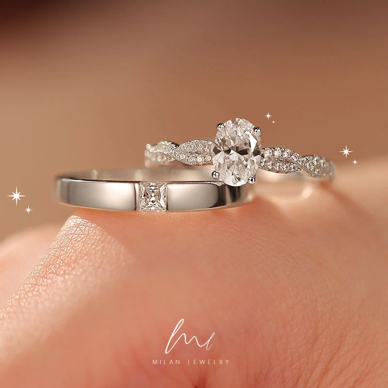 秘蓝 925银莫桑石戒指 旋转芭蕾对戒/情侣轻奢高级闭口求订婚戒指