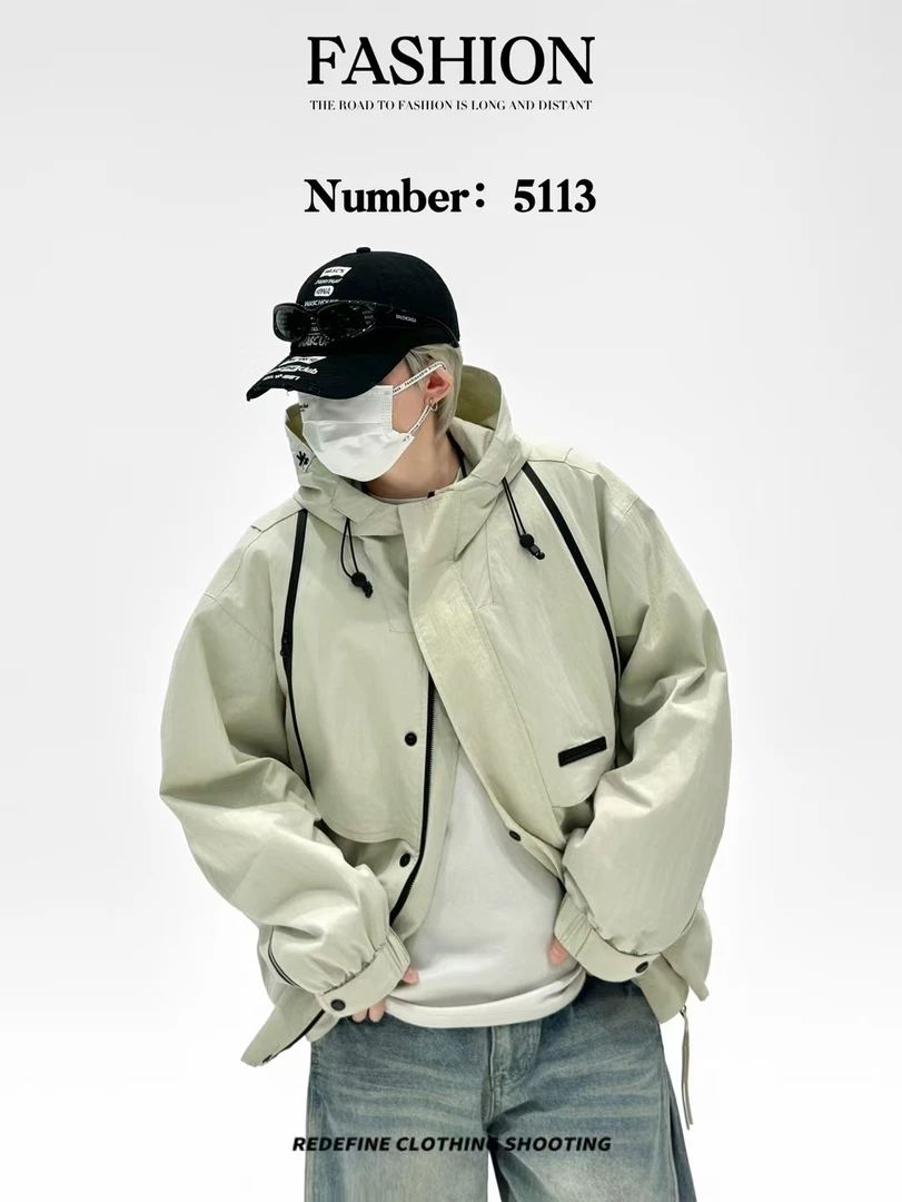 实体春季新款连帽夹克男宽松百搭休闲工装外套潮牌痞帅冲锋衣薄款