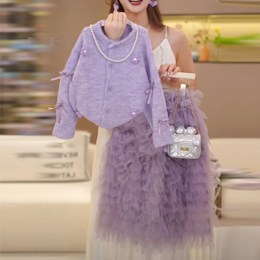 女童秋装套装2025新款童装中大童洋气时髦爱心毛衣网纱裙两件套潮