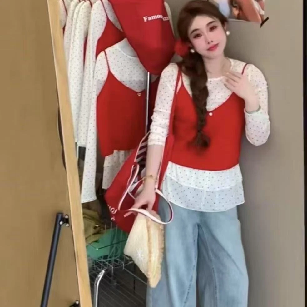 胖胖家*5036新款吊带波点打底两件套