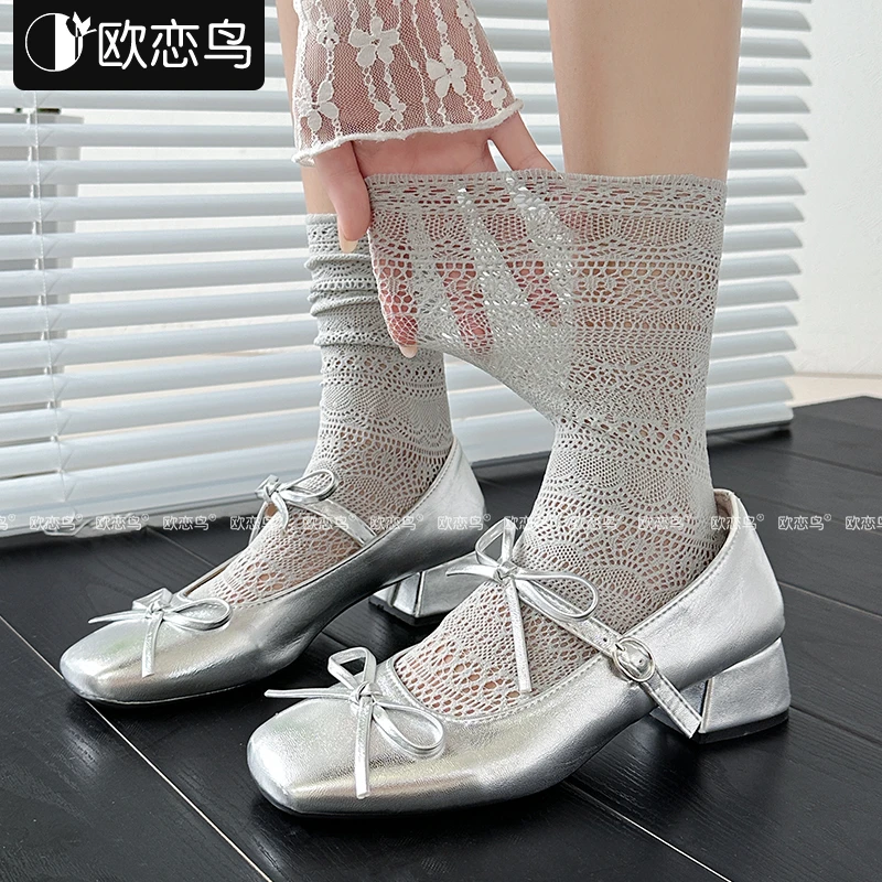 【欧恋鸟】奶油色镂空袜子女夏季薄款高筒袜蕾丝小腿堆堆袜夜店显瘦