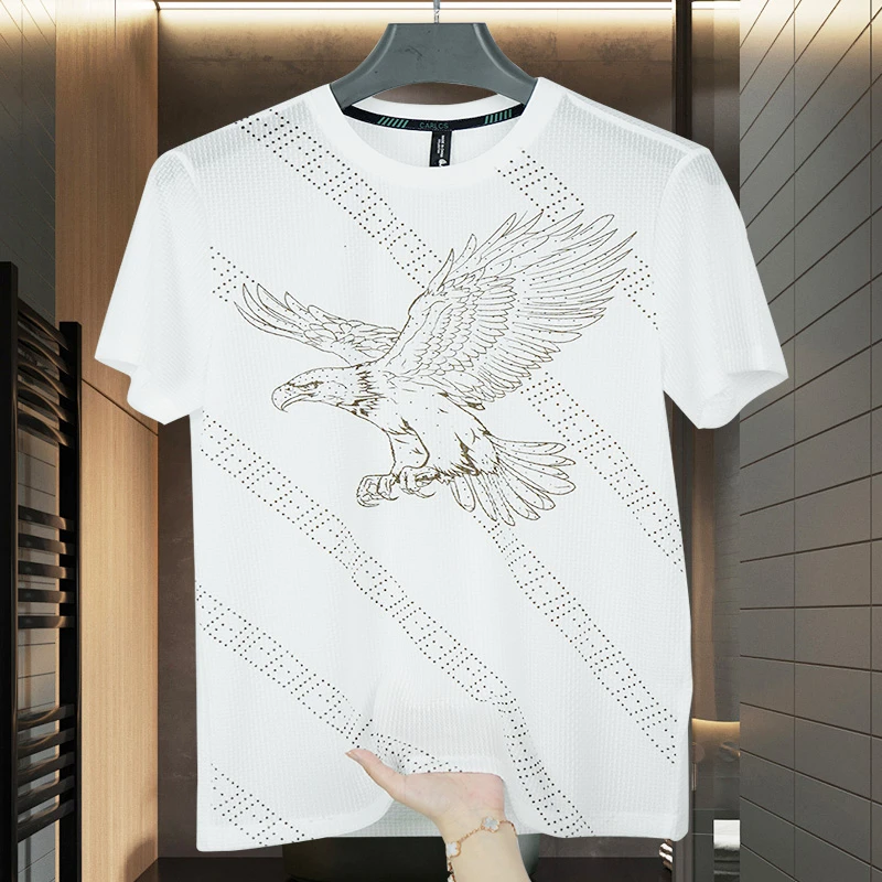 2025新款青年夏季烫钻上衣体恤宽松冰丝T恤短袖圆领半袖打底衫潮t