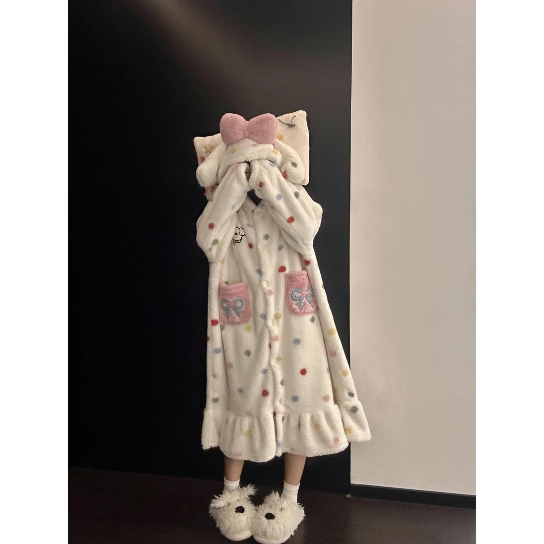 软糯可爱蝴蝶结连帽珊瑚绒睡袍女秋冬新款加厚保暖睡裙外套家居服