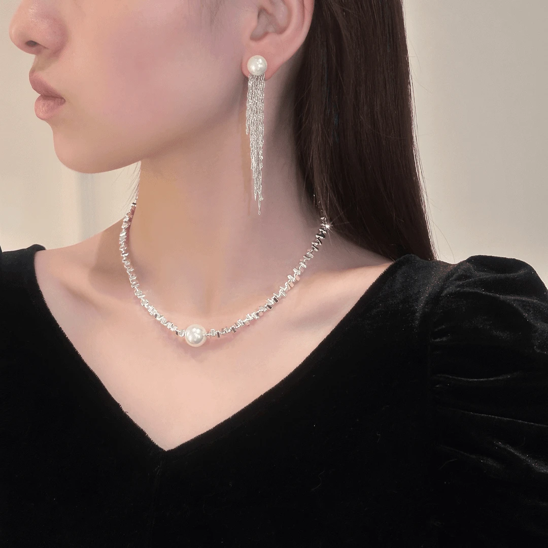 铜合金仿珍珠耳饰 长款流苏耳环爆款高级感轻奢珍珠耳钉小众设计