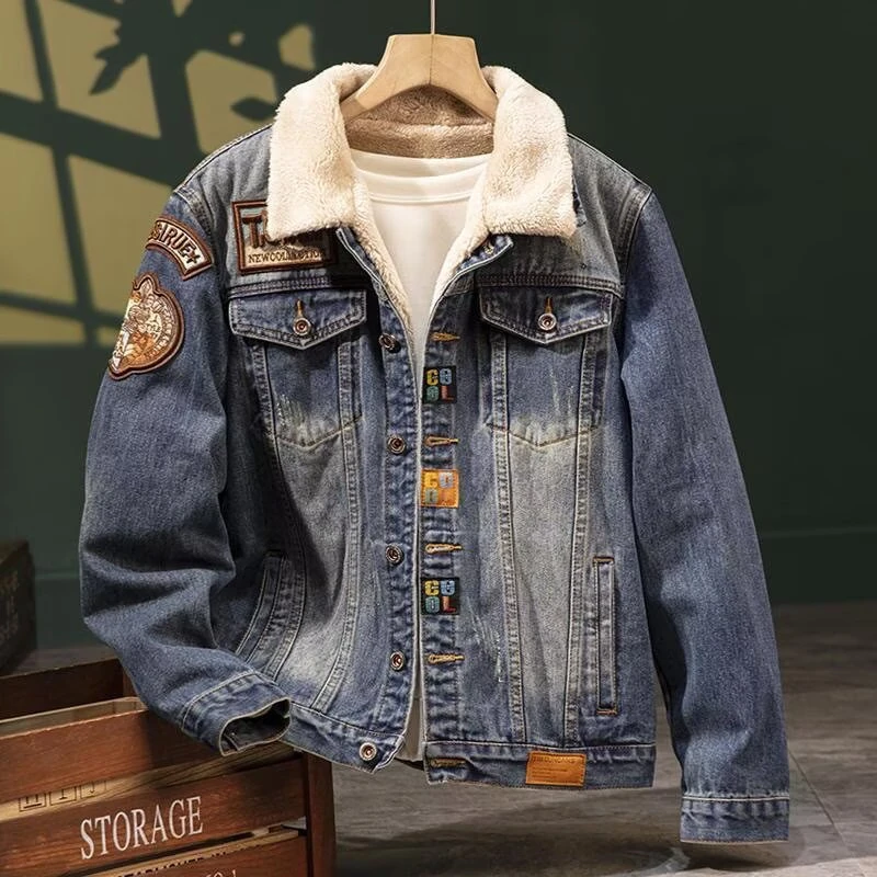 冬季美式牛仔外套男羊羔绒加绒加厚潮牌复古夹克帅气潮流保暖棉服