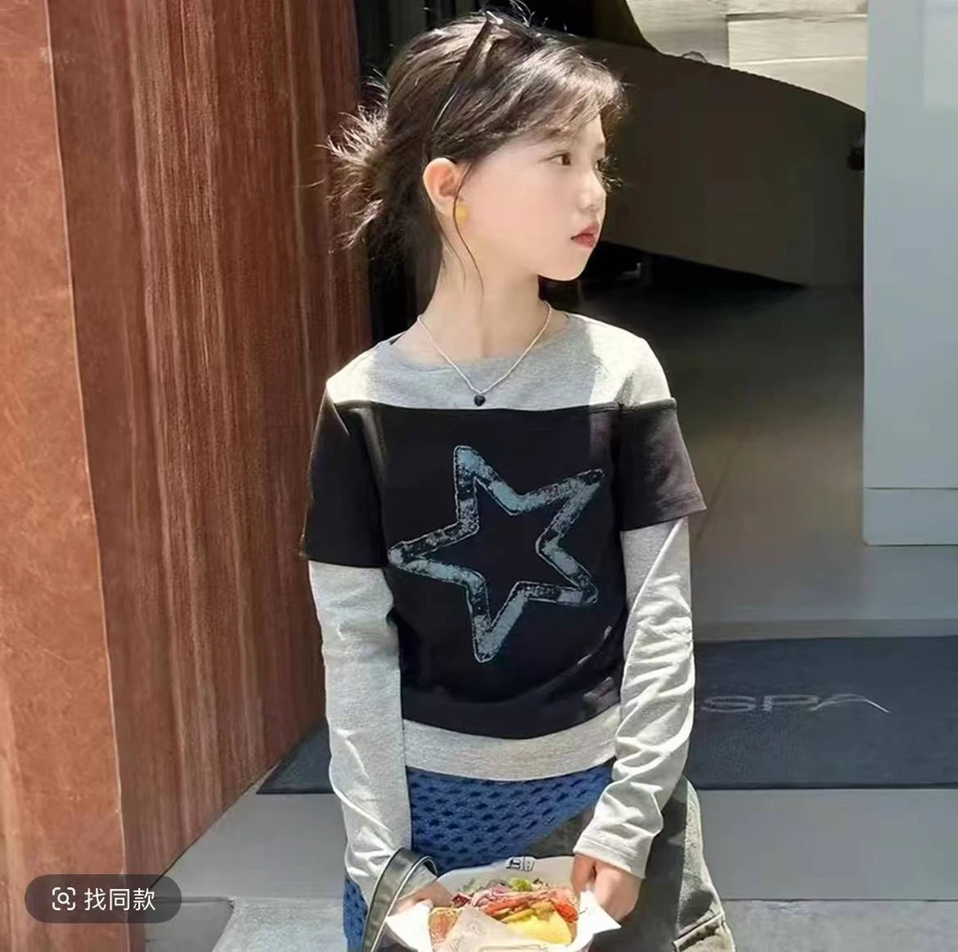 儿童2025年时尚T恤女长袖圆领五角星形童装休闲上衣印花卫衣秋季
