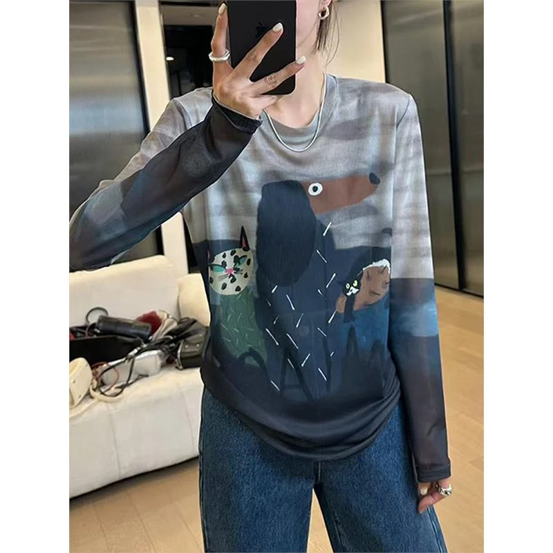 米诺狄涂鸦印花薄款网纱打底t恤女2025新款夏季独特超好看单穿上