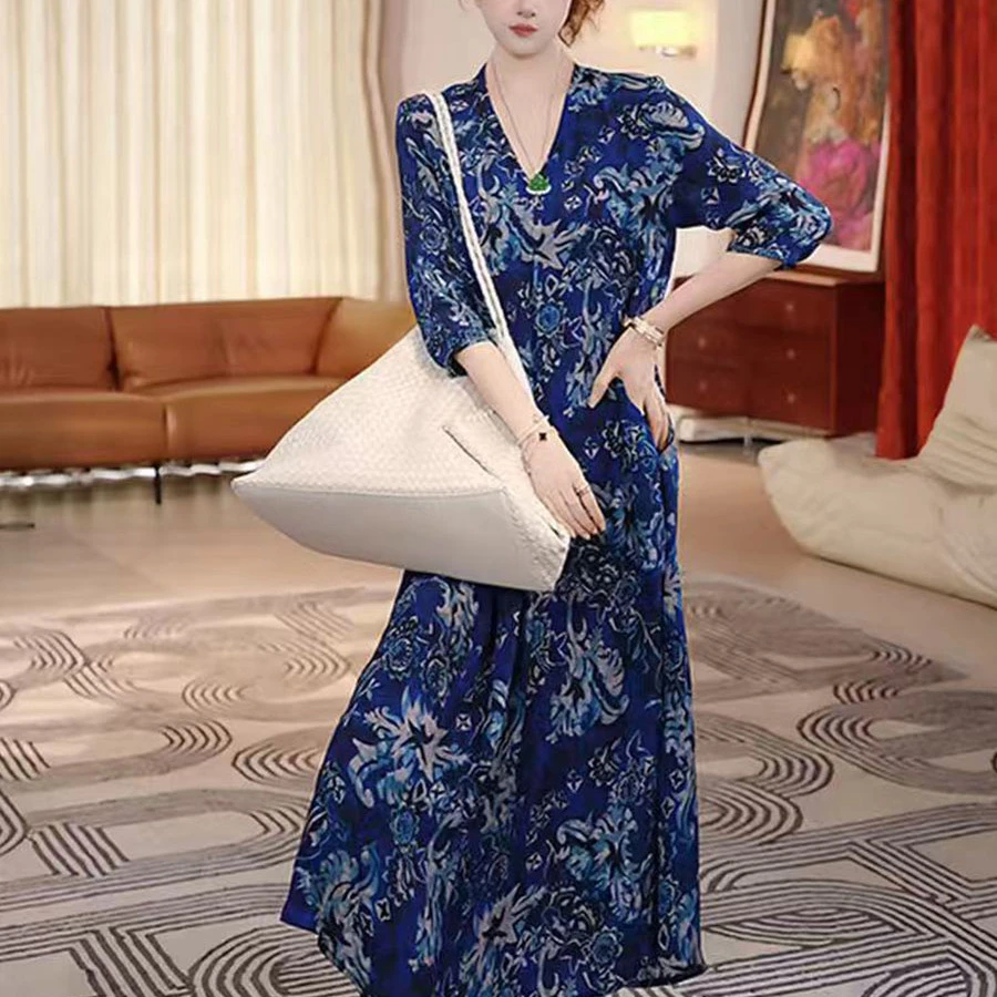 欧若风复古慵懒法式印花连衣裙2025夏季新款V领收腰气质女士长裙