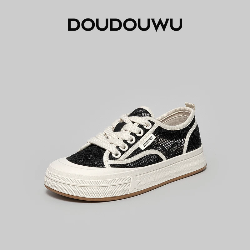 豆豆厚底板鞋女2025夏季新款韩版潮休闲百搭系带平底透气中跟女鞋