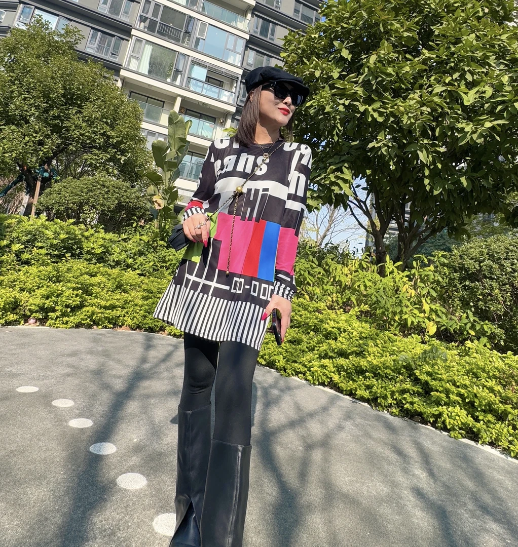 B254春装新款定位数码印花双层弹力网纱长版弹力打底衫