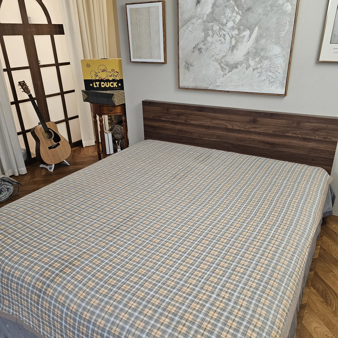 【灰橙格】双人绗缝床盖（200*230cm）