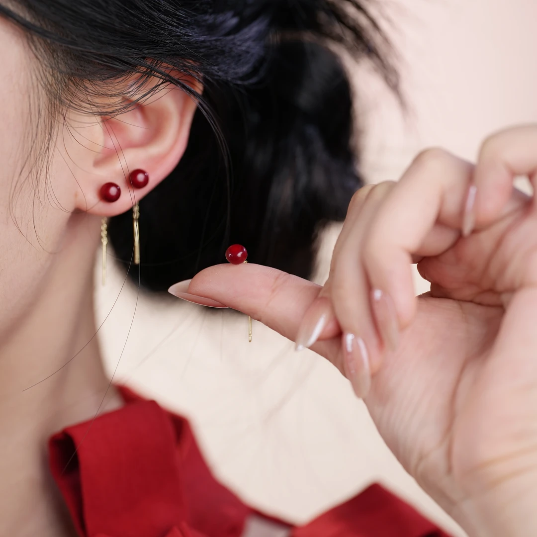 红色珠珠耳线质感百搭小众精致轻奢法式