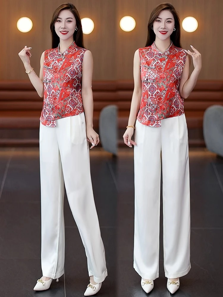 新中式不规则立领无袖时尚套装女2025夏季新款洋气质直筒裤两件套