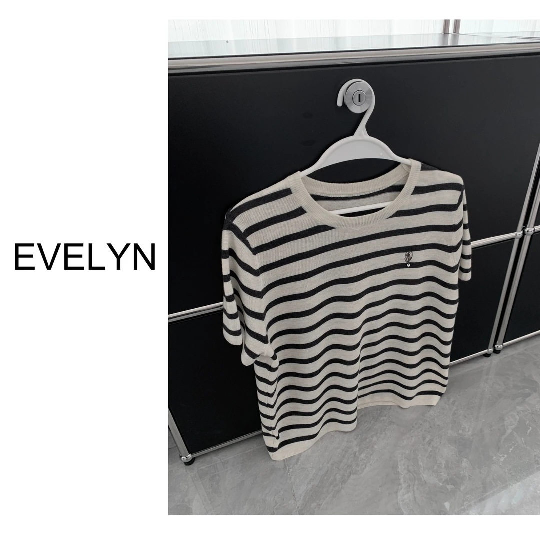 依芙琳2025春夏新款桑蚕丝羊毛针织刺绣T恤女ZZ2375