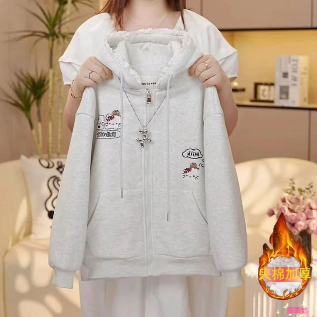 女童秋冬外套2025新款儿童洋气女宝冬季加棉加厚kt猫花边连帽外套