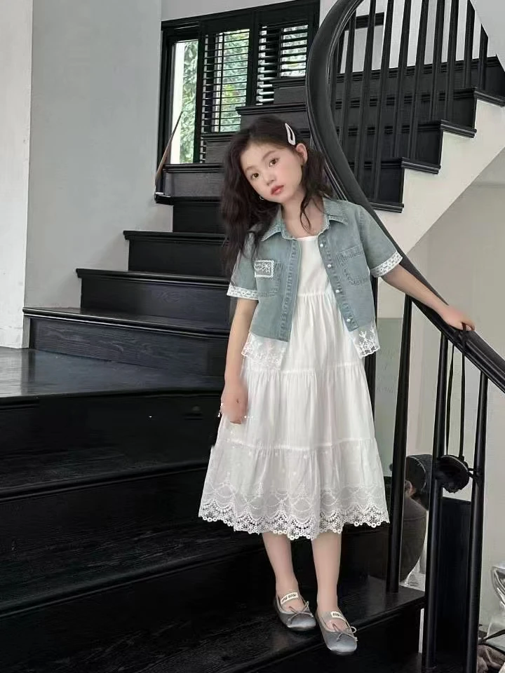 甜美纯色薄款B类夏季女韩版套装白色女童时尚女装半身裙牛仔