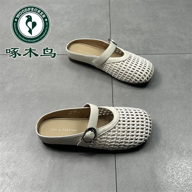 啄木鸟镂空渔网钩编包头半拖鞋女2025夏季新款圆头平底百搭凉拖鞋