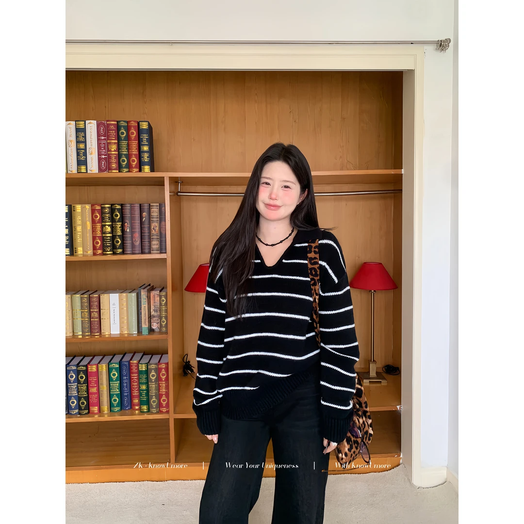 知葵微胖定制【私服收藏夹】秋季休闲条纹老钱毛针织衫12254MZS5391