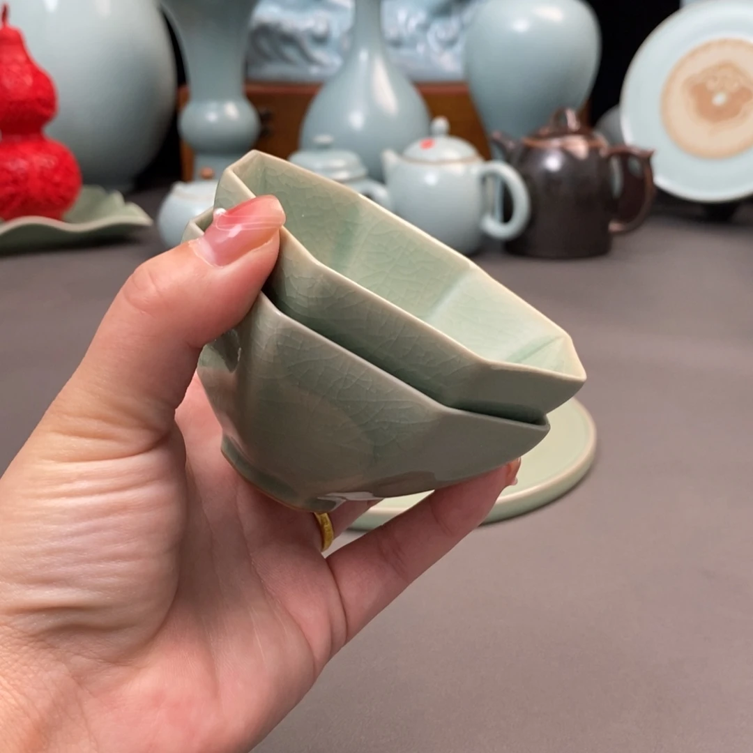 瓷片仿古青绿釉八方杯一对简包装
