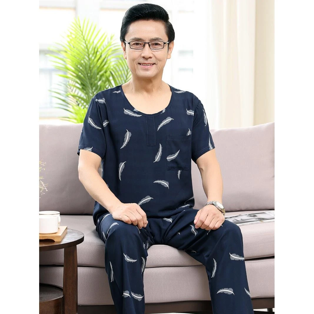 棉绸睡衣男士夏季薄款短袖长裤圆领夏天可外穿中年爸爸家居服套装