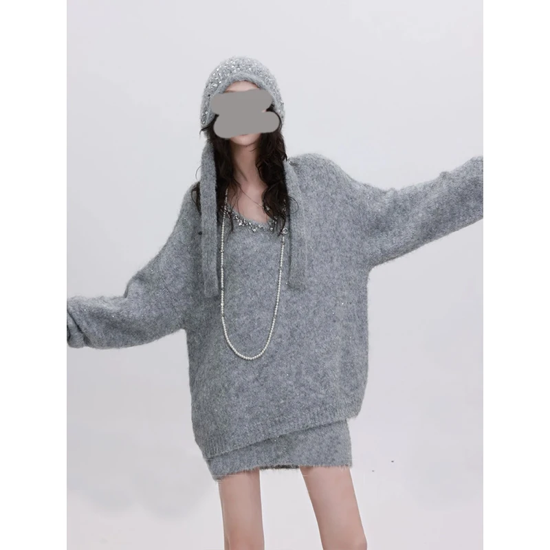 韩版时尚纯色套装女2025年早秋新款V领针织衫配休闲半身裙两件套