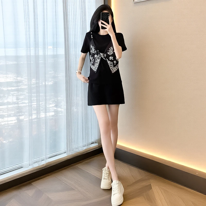 休闲套装女两件套气质显瘦短袖小个子时尚减龄宽松黑色夏季短袖女