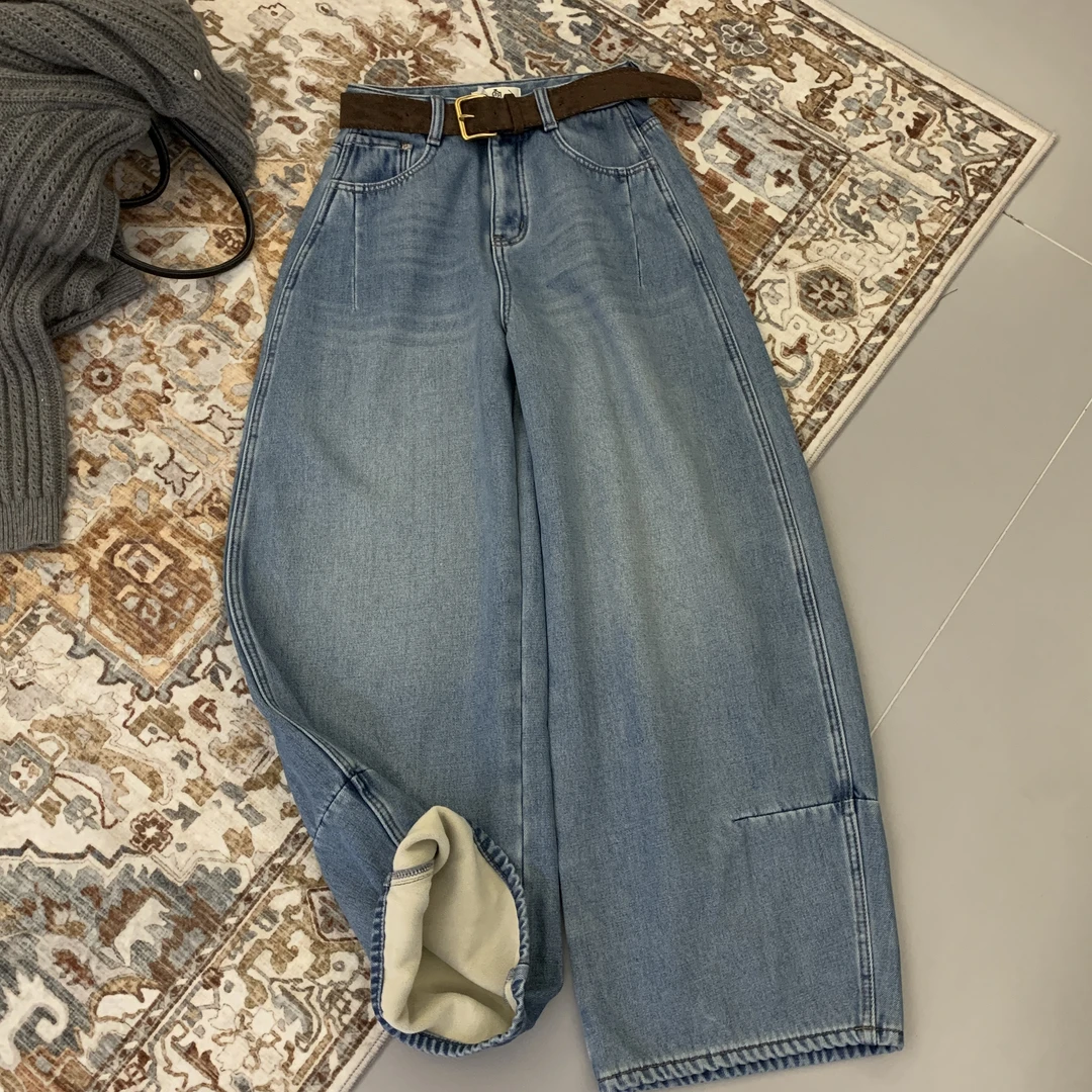 【鞋爱】冬季加绒加厚高腰显瘦阔腿牛仔裤新款60023