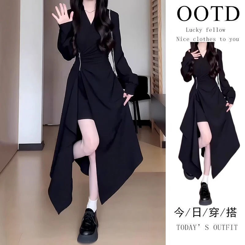韩系穿搭套装女2025初春新款拉链设计感裙子不规则裙摆黑色连衣裙