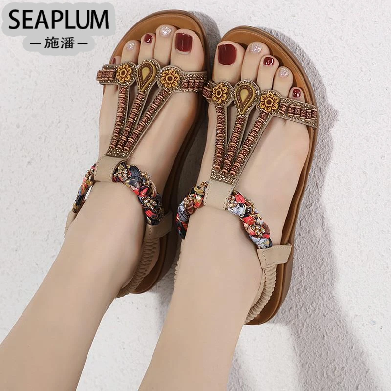 SEAPLUM夏季凉鞋女2025年新款平底民族风波西米亚女鞋子2025爆款