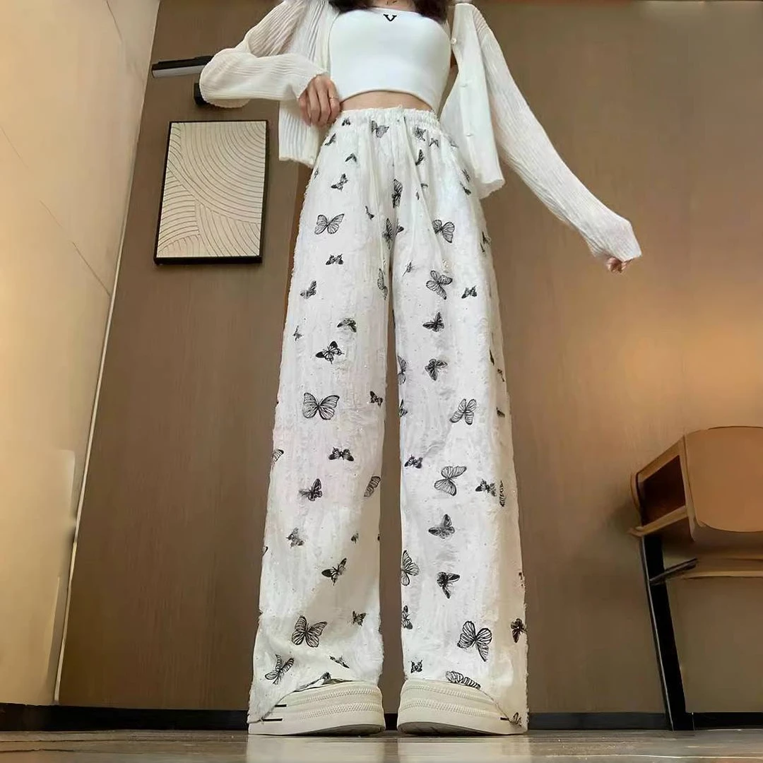 大码200斤高腰破洞蝴蝶休闲裤女夏季新款设计感垂感直筒阔腿裤子