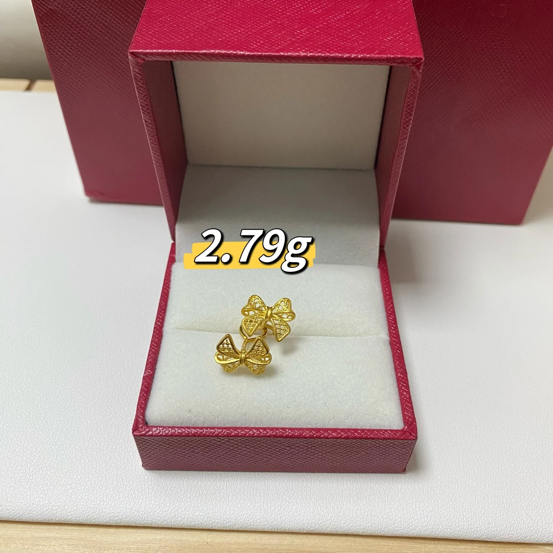 黄金镂空蝴蝶结耳钉足金弯针