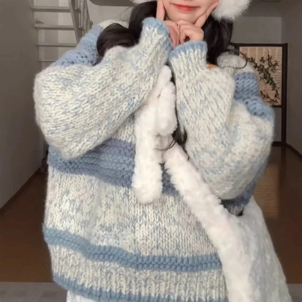 现货 韩国东大门新品100%全羊毛纯手工handmade套头毛衣超厚实女