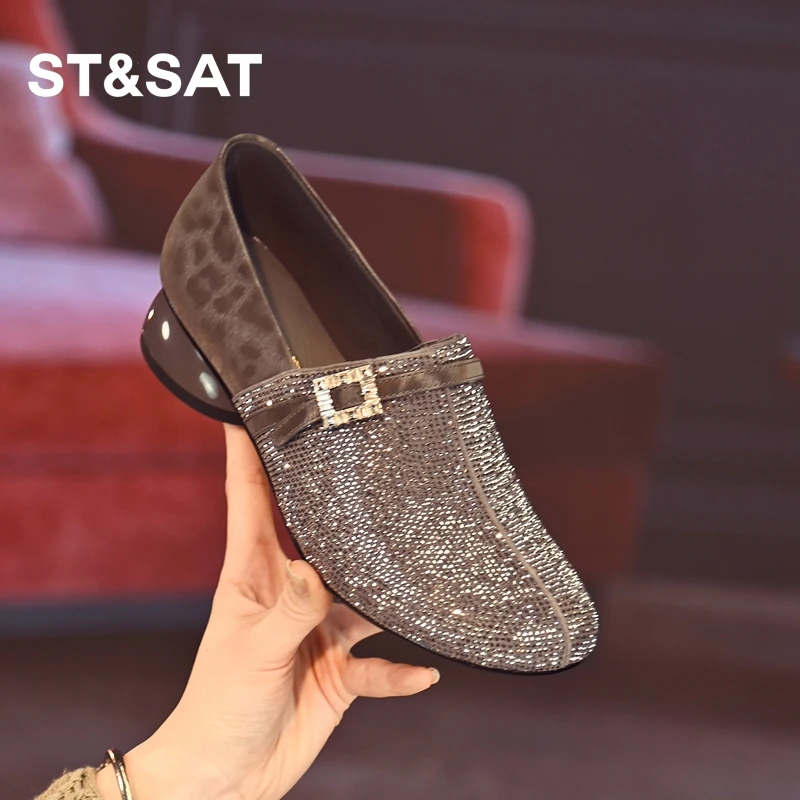 星期六真皮水钻低跟乐福鞋女春季新款粗跟深口单鞋圆头百搭小皮鞋