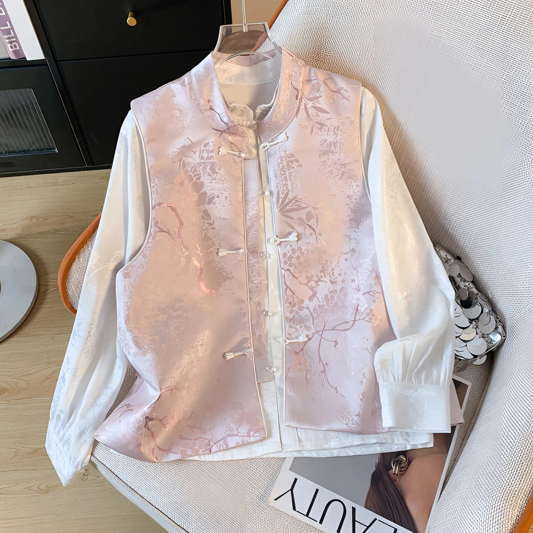 新中式国风立领粉色马甲2025春季新款复古提花坎肩改良旗袍马夹女