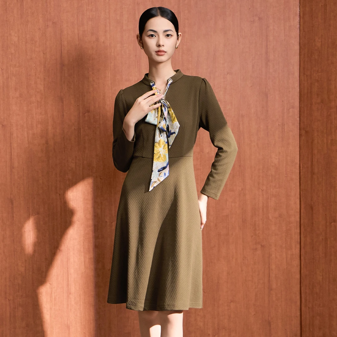 【粉丝专享】马天奴气质时尚圆领立领印花系带连衣裙VDA563DRX0