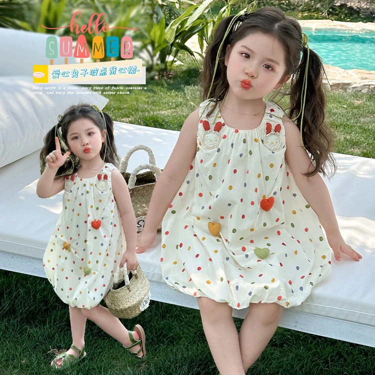 女童夏季甜美可爱小兔子爱心彩色波点背心裙