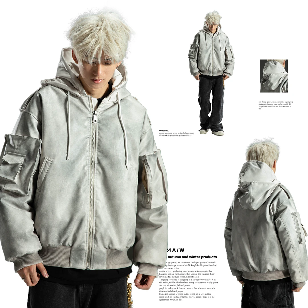 S123【双连帽设计】美式休闲多口袋工装棉服外套男宽松夹克8059