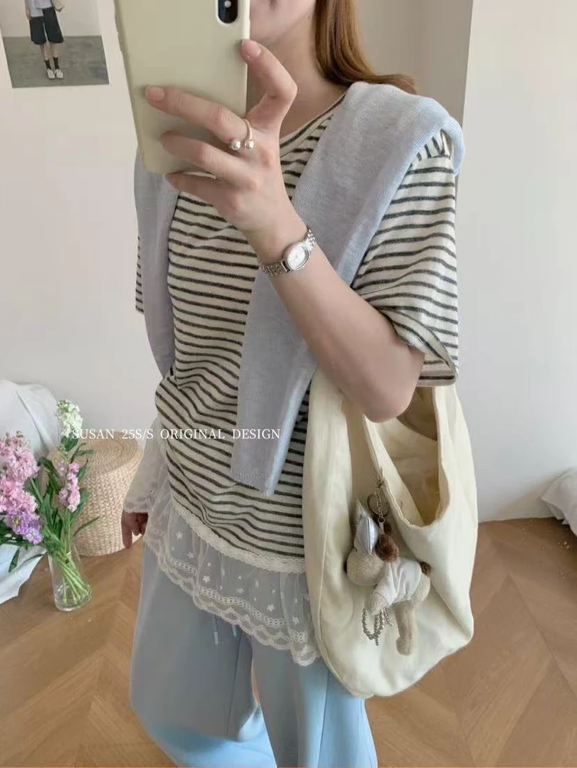 susan@21531 韩系条纹拼接蕾丝短袖T恤 5-15