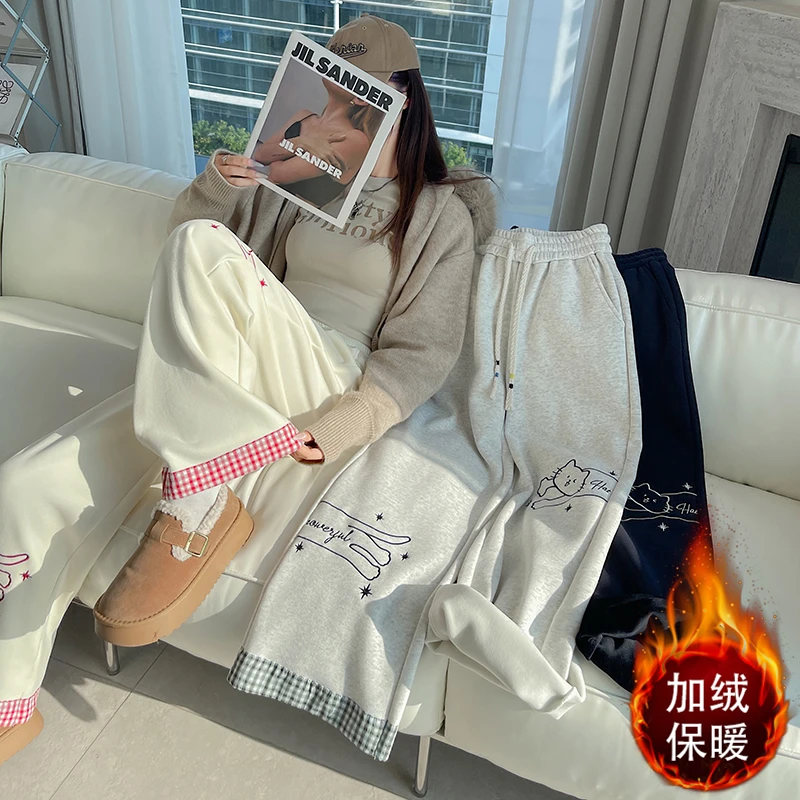 慵懒风卡通猫咪印花加绒阔腿裤女秋冬季高腰休闲保暖运动卫裤新款
