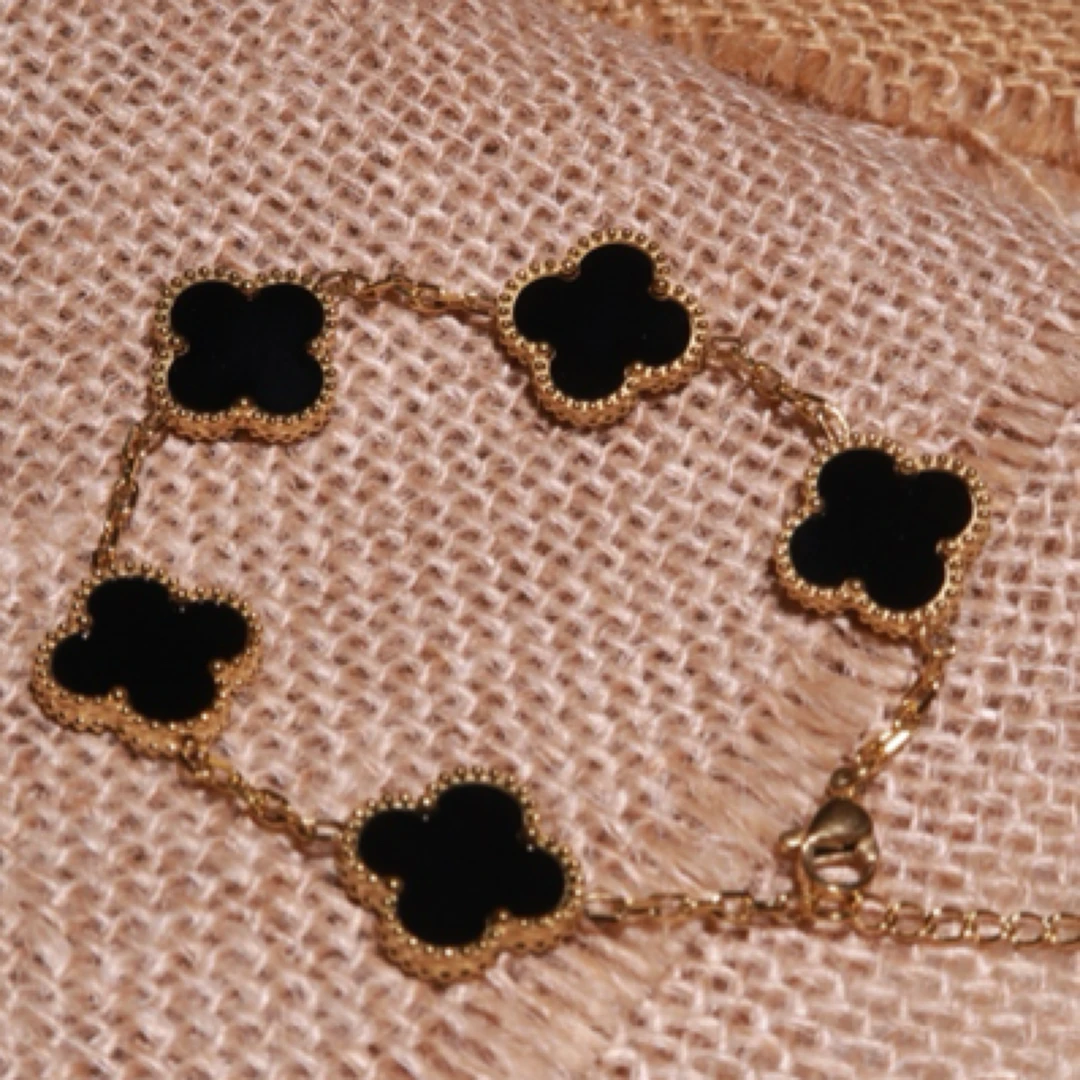 钛钢手链 黑五花幸运手链四叶花双面手链轻奢百搭精致气质