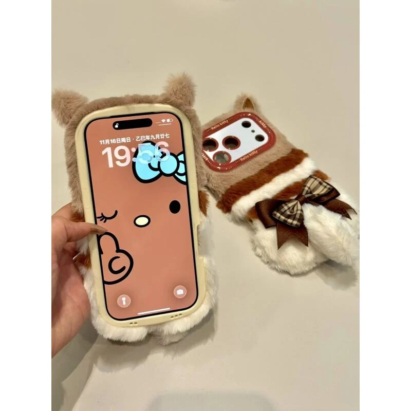 甜美可爱毛绒条纹长尾巴猫适用iphone17promax苹果16pro手机壳15p