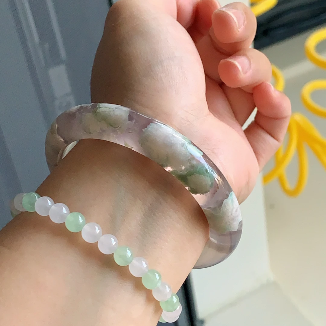 58.9 | 紫冰绿勾边花泥鳅背精品樱花玛瑙手镯正圈套装